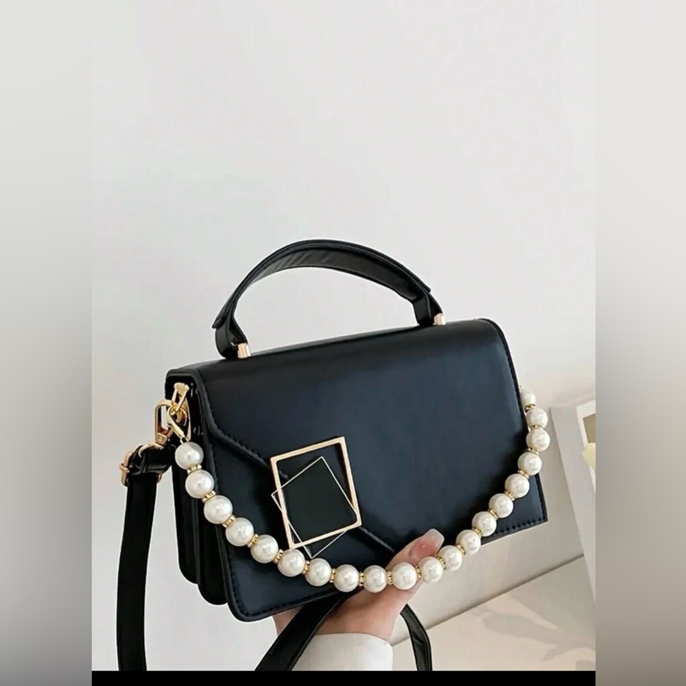 Black Pearl-Accent Top Handle Satchel